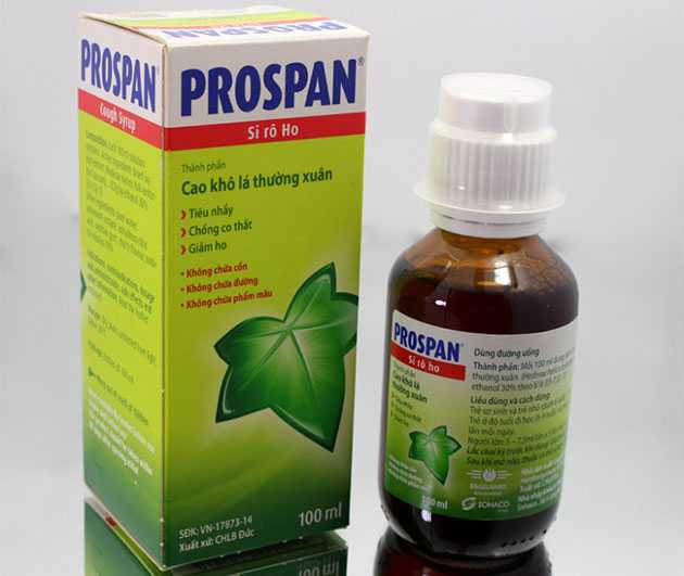 hộp giấy và chai siro cùng cốc định lượng thuốc ho Prospan